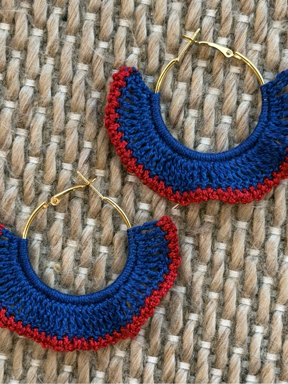 Hand Crafted Navy Blue and Red Crochet Hoop Earrings